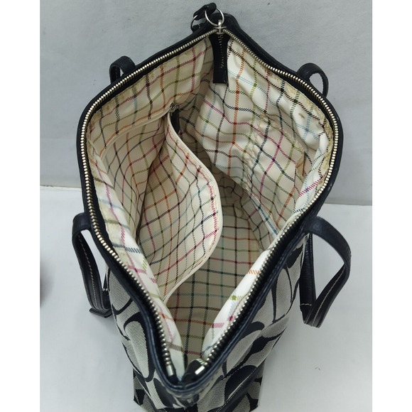 Coach Signature Black Canvas Stripe Double Handles Zipper Tote Shoulder Bag - Picture 9 of 16